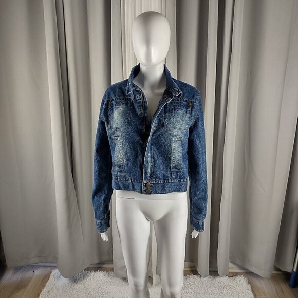 Miss Lili Womens Distressed Customized Cotton Blend Blue Denim Jean Jacket Sz L - Picture 3 of 12